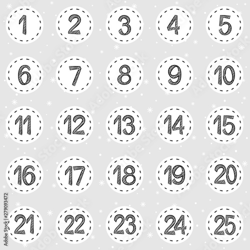 Advent calendar. Advent stickers with numbers. Christmas advent calendar, hand drawn style. Vector illustration.