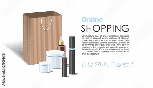 Make Up products and Skincare Packaging with craft wrapped gift box. Online shopping web banner. Vector