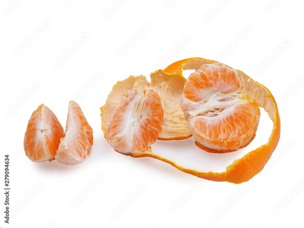 fresh peel ripe orange with shell isolated on white background.