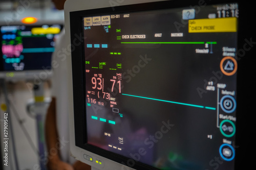 Modern vital sign monitor on patient background at ward in the hospital...