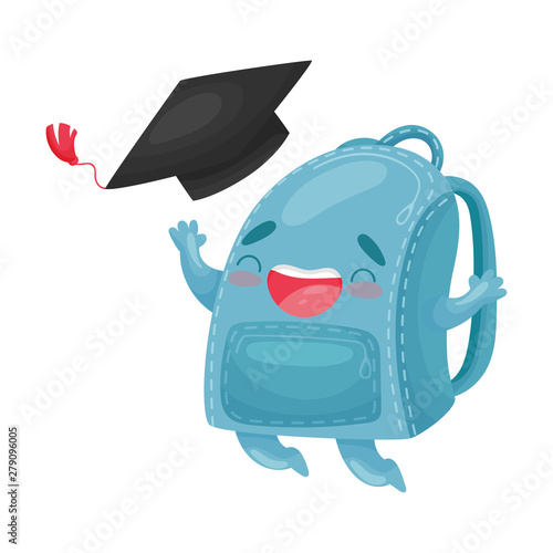 Cute humanized blue schoolbag jumping for joy. Vector illustration on white background.
