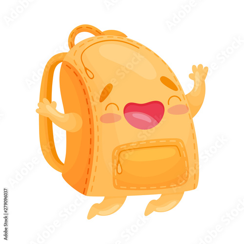 Cute humanized orange joyful schoolbag. Vector illustration on white background.