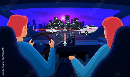 Couple driving electric car on highway traffic jam to city. Man driver woman inside car interior on road trip. Dashboard display. Vector cartoon style with night skyline panoramic perspective horizon.