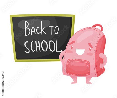 Cute humanized pink school bag stands near the school board. Vector illustration on white background.