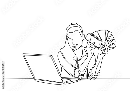 Continuous line drawing of office girl showing her money with laptop on table minimalist hand drawn.