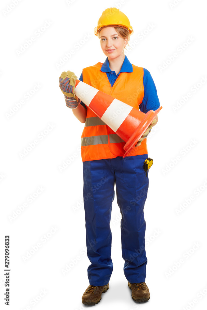Woman in road construction in workwear with pyon Woman in road construction in workwear with pyon
