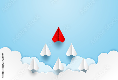 Business  leadership ,financial concept. Red paper plane leadership  to sky go to success goal. paper art style. creative idea. vector ,illustration.