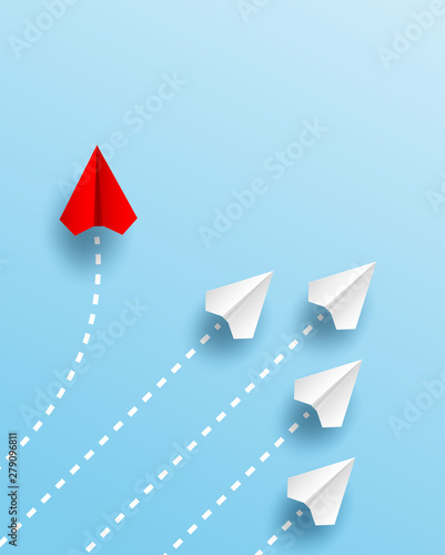 Different business concept.Red paper plane changing direction from white paper plane. new ideas. paper art style. creative idea. vector ,illustration.