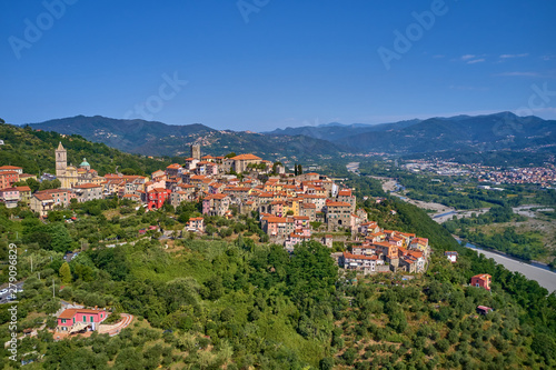 Aerial photography with drone. The ancient Italian town of Bolano Spezia is located on the mountain.