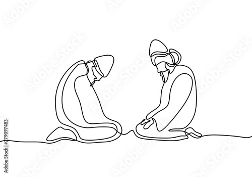 Sufi continuous line drawing minimalist design. Islamic ritual with two person learning to healing his heart and wisdom.
