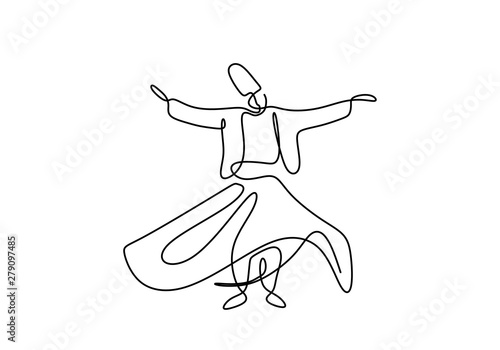 Continuous one line drawing of sufi dancer vector illustration. Traditional Sema dancing minimalist design.