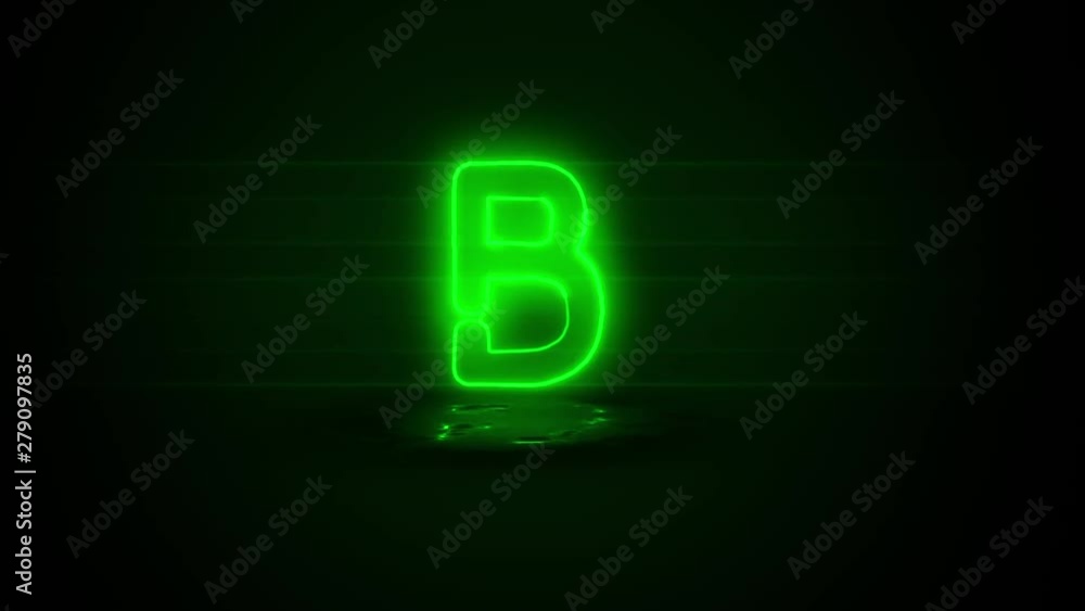 Alphabet letter B - green electric neon on black background in