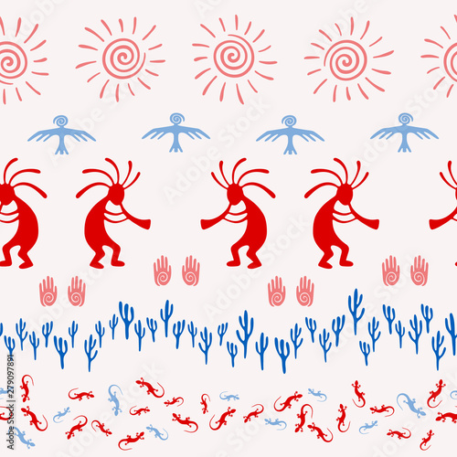 Traditional, design with trickster god, swirl icons on human palm, sun, eagle.