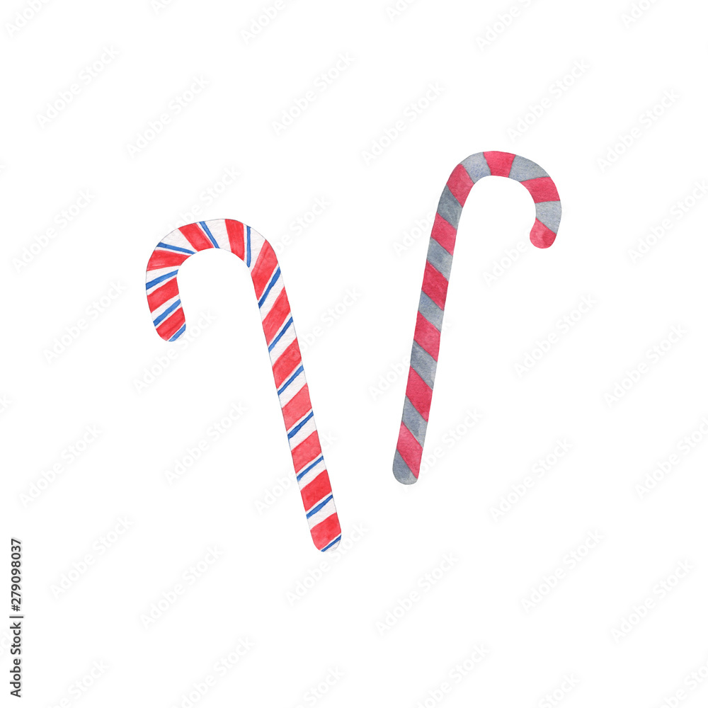 A cute hand drawn traditional sweet made of sugar watercolor illustration, striped lollypop stick, end of the year celebrations symbol A cute hand drawn traditional sweet made of sugar watercolor illustration, striped lollypop stick, end of the year celebrations symbol