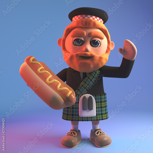 Hungry Scottish man in tartan kilt and sporran eating a hot dog, 3d illustration photo