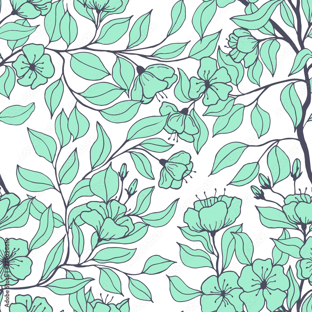 Seamless pattern botanical vector illustration. branches with flowers of apple tree leaves. hand drawing Seamless pattern botanical vector illustration. branches with flowers of apple tree leaves. hand drawing
