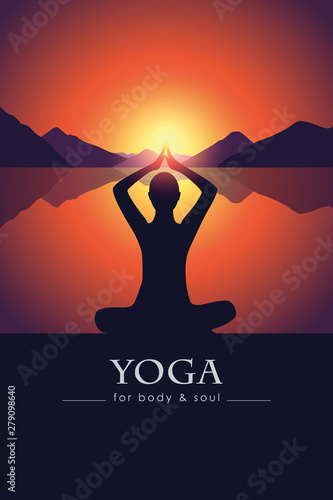 yoga for body and soul meditating person silhouette by the lake with mountain landscape at sunset vector illustration EPS10