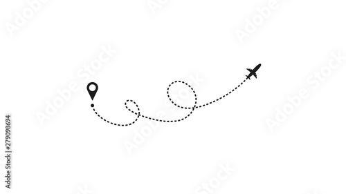 Tourism and travel concept. Airplane line path on white background. Vector icon of air plane flight route with dash line trace, start point and transfer point. Vector illustration