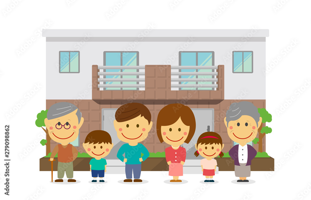 two families home / duplex home. 3 generation happy family (asian). flat vector llustration (newly built house). 