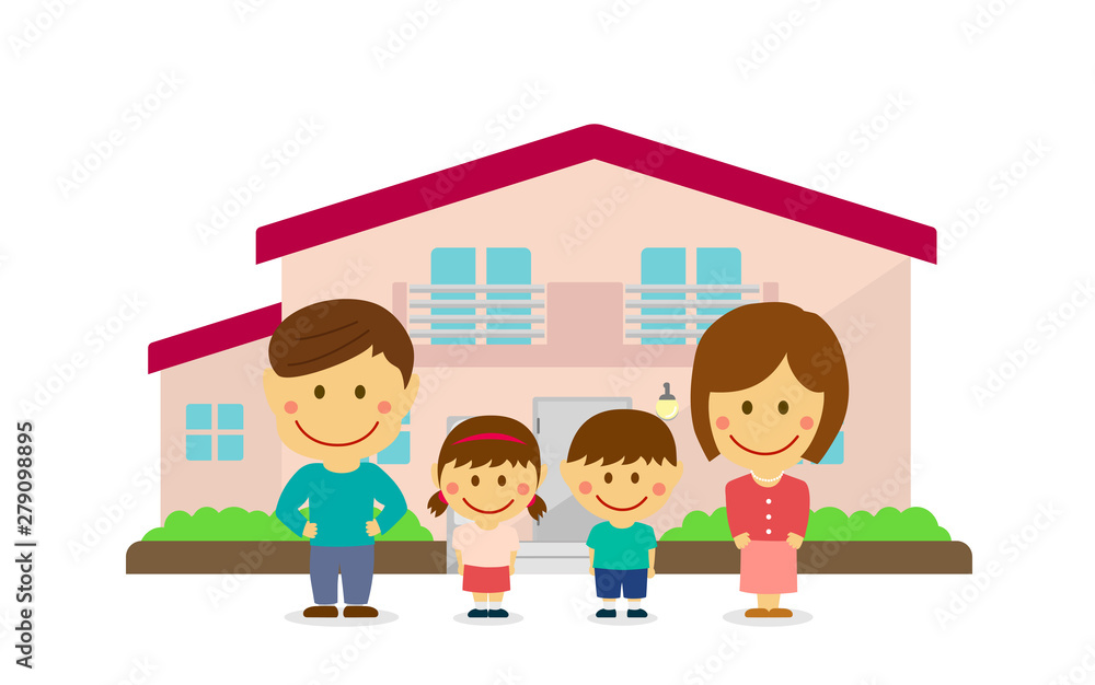 Happy family (asian) and new house. flat vector llustration (newly built house). Happy family (asian) and new house. flat vector llustration (newly built house).