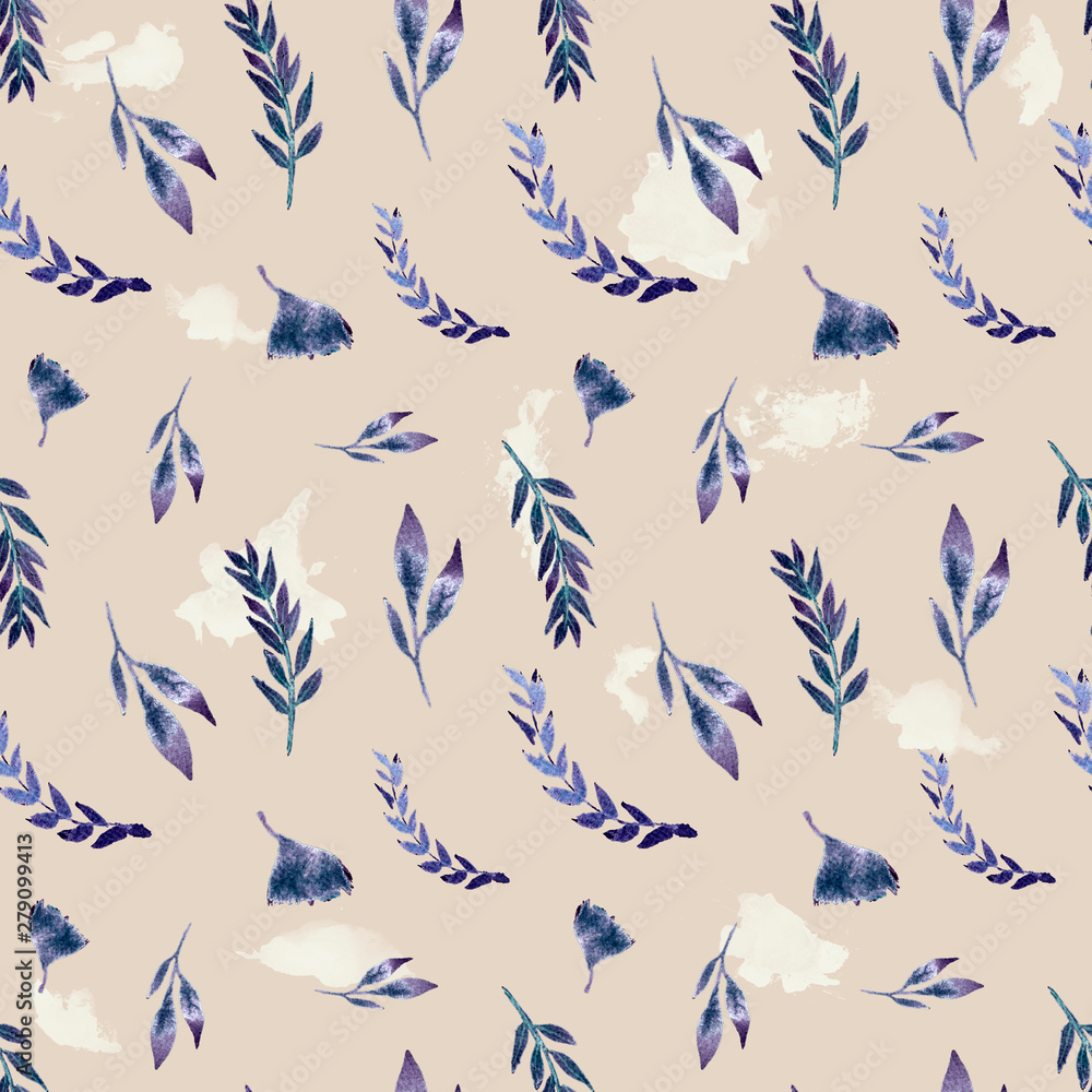 Seamless pattern watercolor floral design: greenery leaves, branches spring. Rustic romantic background.Perfect for wallpaper,print,packaging 