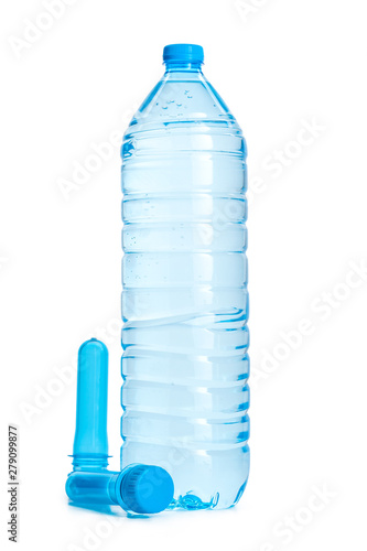 Plastic bottle and PET preform isolated on white background