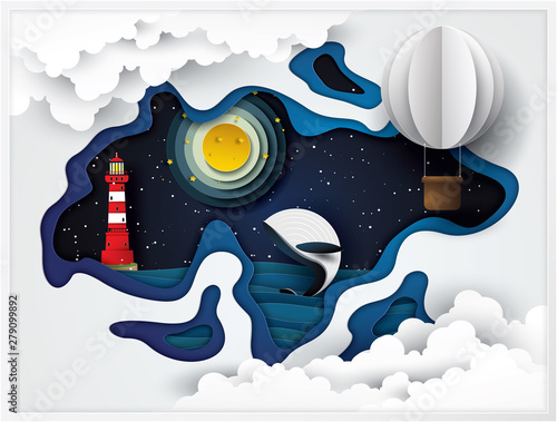 Vector and illustrations, crafts, digital graphics, lighthouses and whales on the sea, moon at night. Concepts for presentation EPS10.