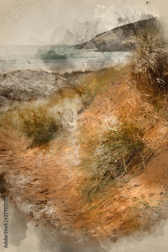 Digital watercolor painting of Beautiful landscape image of Freshwater West beach with sand dunes on Pembrokeshire Coast in Wales