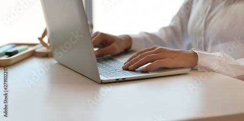 Young businesswoman's hands typing