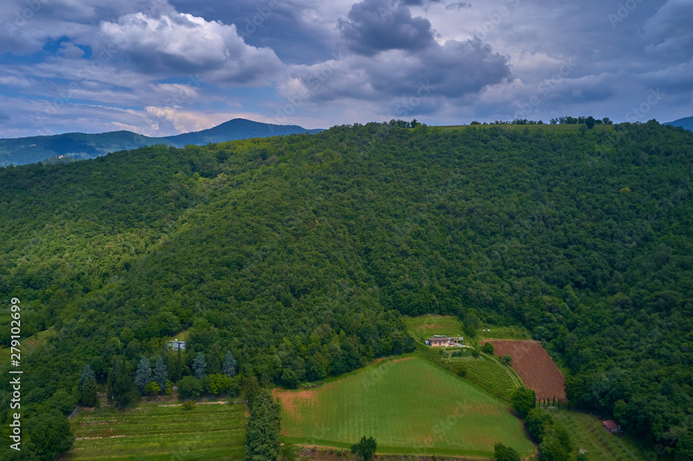 Obraz premium Flying on a drone, aerial view of a convent, Comunita 'Di Vita Mondo X. Brescia, Italy.