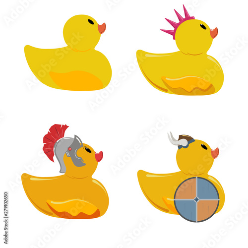 A set of rubber toy ducks in  different styles a viking, roman legionary, punk and a simple duck