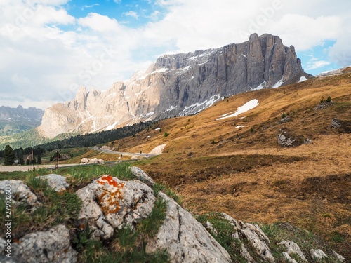 Mountain summer landscape in the Dolomites in Northern Italy. Aerial view of National Park Tre Cime di Lavaredo.