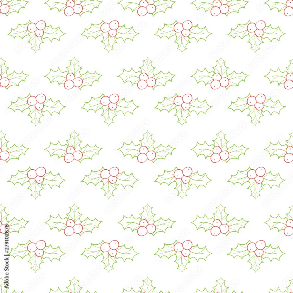 Seamless Christmas and New year pattern with Holly. Hand-drawn illustration. Background for wrapping paper