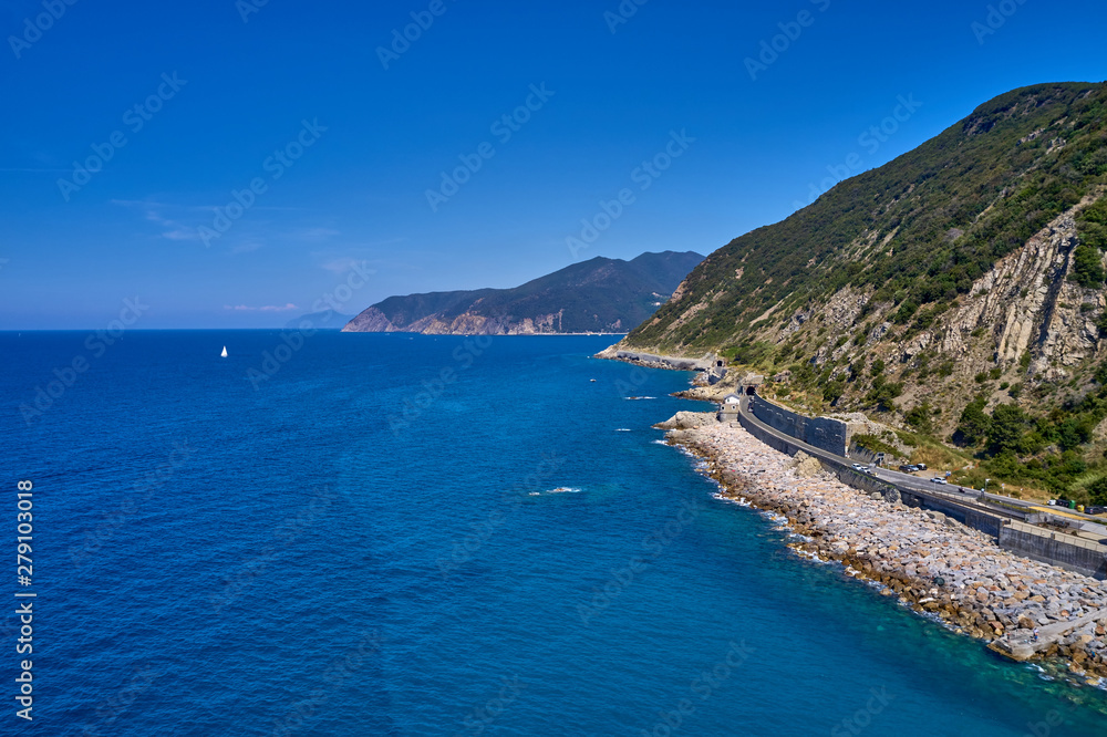 Aerial photography with drone. Beautiful resort town of Deiva Marina, Italy.