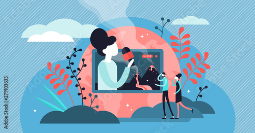 Live video vector illustration. Flat tiny TV media stream persons concept.