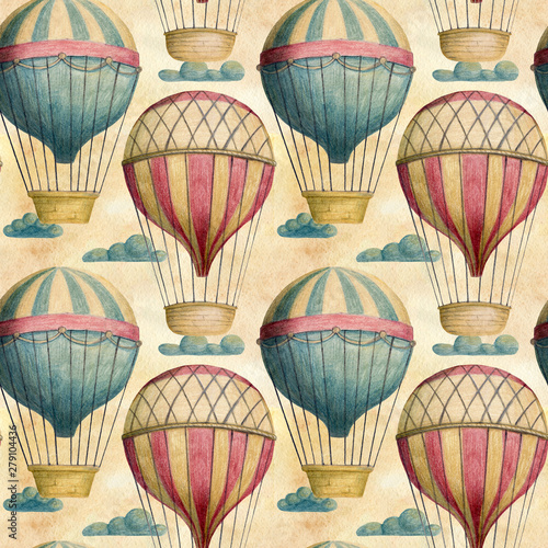 Fototapeta Steampunk vintage seamless pattern with air balloons and clouds