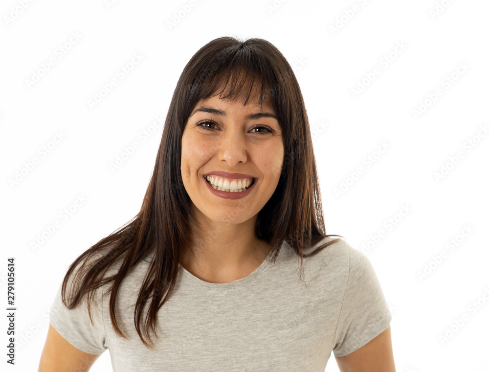 Close up of young attractive cheerful woman with smiling happy face. Human expressions and emotions Close up of young attractive cheerful woman with smiling happy face. Human expressions and emotions