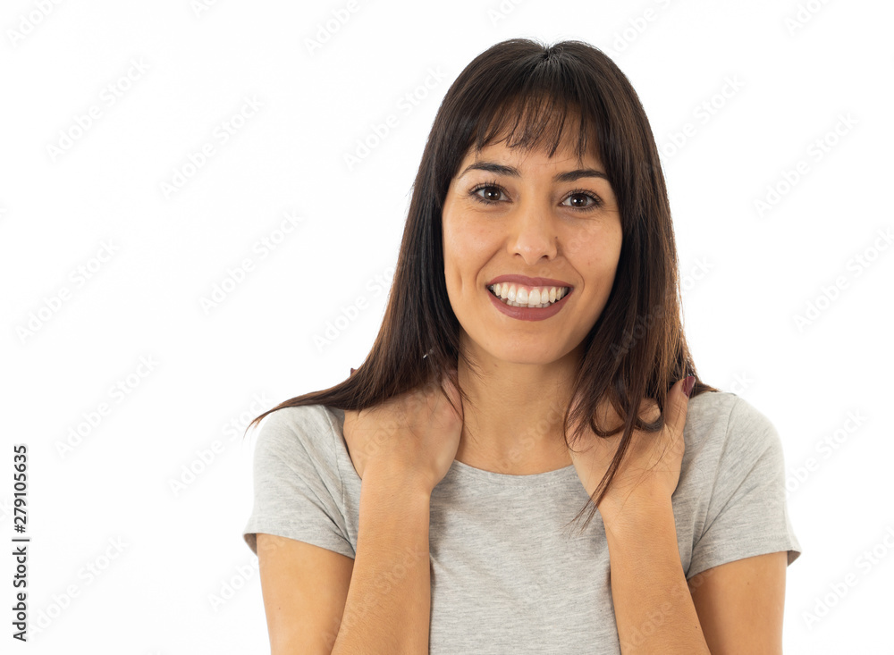 Close up of young attractive cheerful woman with smiling happy face. Human expressions and emotions Close up of young attractive cheerful woman with smiling happy face. Human expressions and emotions