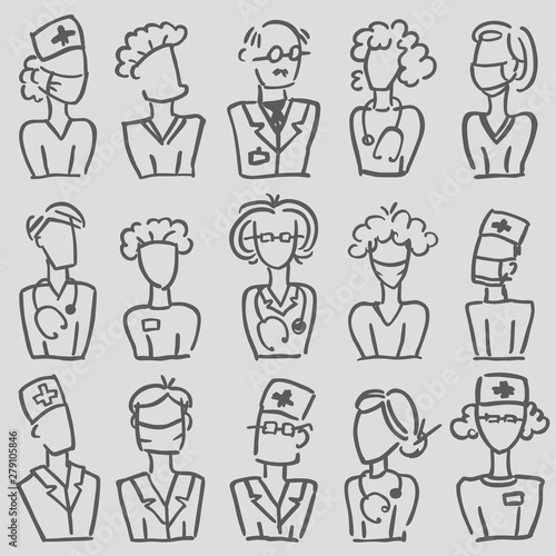 A set of vector doodle medical avatar team: therapist, doctor, surgeon, nurse for a hospital