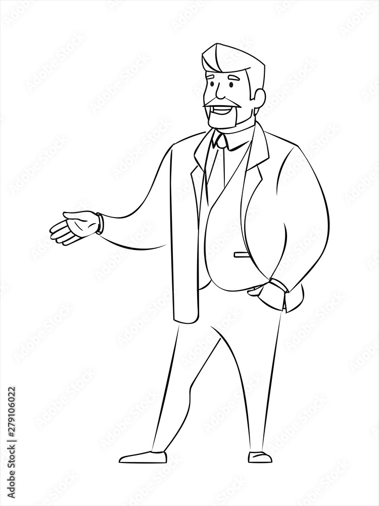 Outline a Businessman or Banker in a suit points his hand at something, somewhere. Character design.