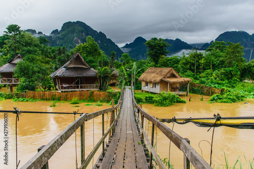 A wooden bridge crossing the Nam Song river Vang Vieng-Vientiane province-Laos.