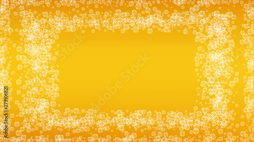 Splash beer. Background for craft lager. Oktoberfest foam. Pour pint of ale with realistic white bubbles. Cool liquid drink for restaurant banner concept. Yellow mug with splash beer.