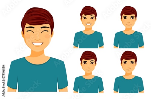 Set of emotions. A young man shows different emotions. Confused, smirk, angry, happy. Flat style on white background. Cartoon.
