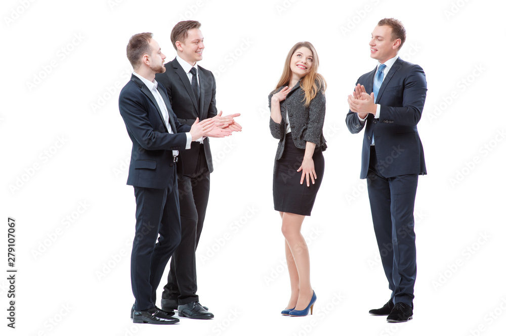 Business woman take up greetings from her male colleagues. Business woman take up greetings from her male colleagues.