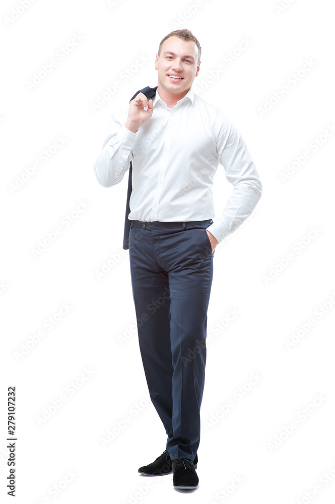 Happy relieved businessman stands with his jacket over his shoulder. Happy relieved businessman stands with his jacket over his shoulder.
