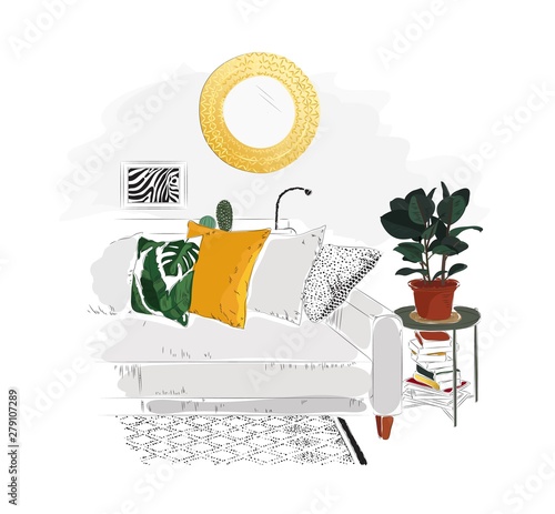 Living room interior with sofa, table, books, mirror and plant. Vector sketch illustration