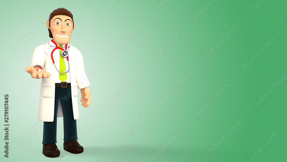 Cartoon doctor wearing a stethoscope giving a pill on a green gradient background 3d rendering Cartoon doctor wearing a stethoscope giving a pill on a green gradient background 3d rendering