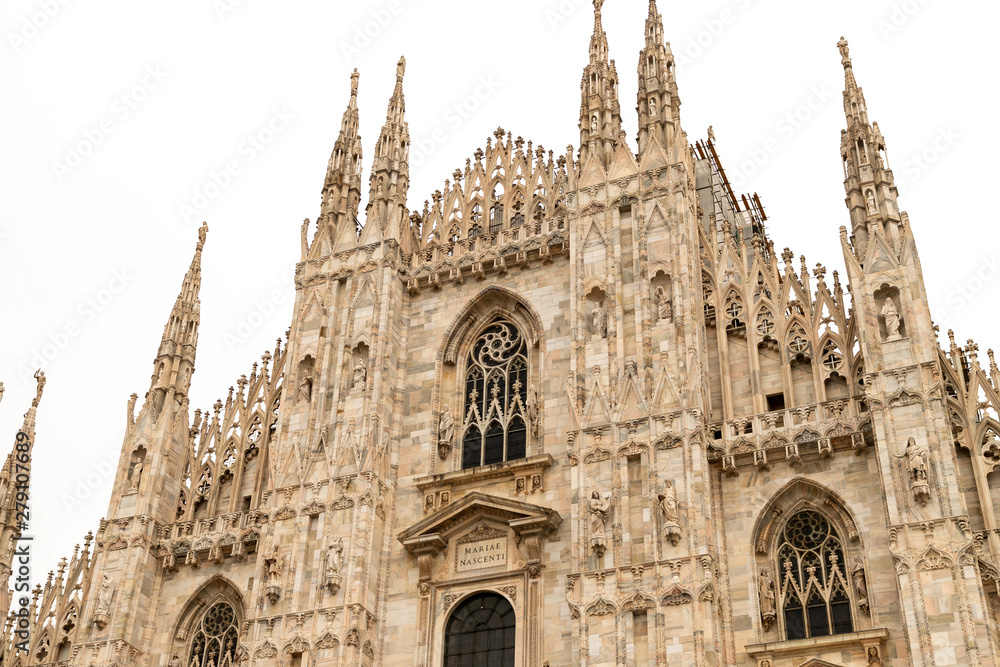 View of the upper part of Milan Cathedral, Duomo di Milano. Milan, Italy