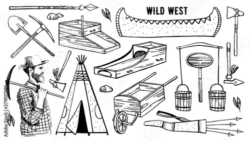 Wild west and native American objects set. Wigwam, digger, canoe, rocker boxes, mining tools, weapons. Vector hand drawn outline sketch illustration