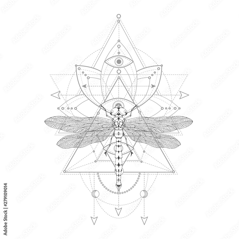 Vector illustration with hand drawn dragonfly and Sacred symbol on white background. Abstract mystic sign. Vector illustration with hand drawn dragonfly and Sacred symbol on white background. Abstract mystic sign.